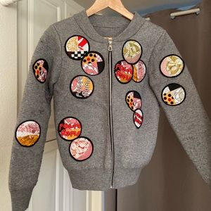 Gray comfy stretch bomber jacket with patches
